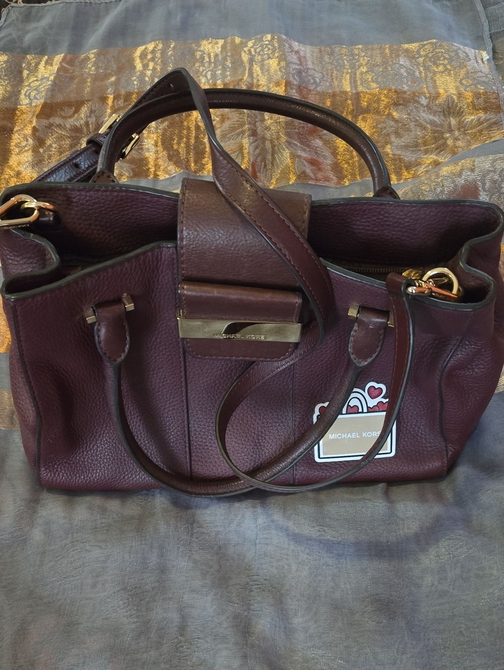 Michael Kors Burgundy Pebbled Leather Satchel with Gold Hardware